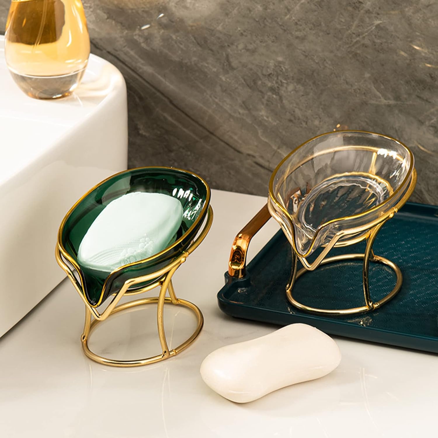 Bar Soap Holder Self Draining Soap Dish, Decorative Bathroom Soap Tray with Gold Iron Frame Creative Soap Box for Bathroom, Kitchen Sink Home Gift