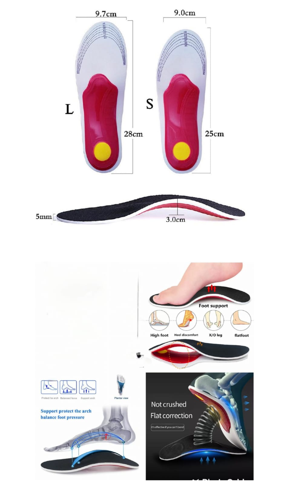 Arch Support Insoles for Men Women, Shoe Inserts for Flat Feet, Orthotic Shoe Insoles All-Day Energy and Comfort with Every Step 
For flat for,ease pressure on soles, 
S=35-40
L=40-46