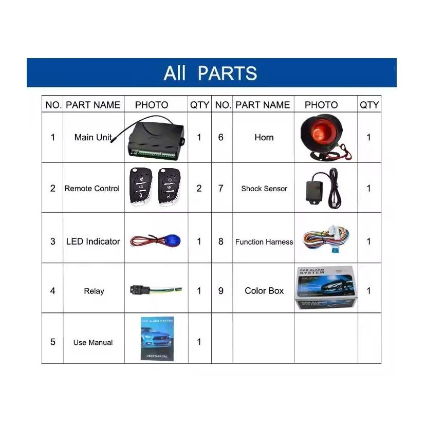 Universal Car Alarm System with Keyless Entry and Trunk Release