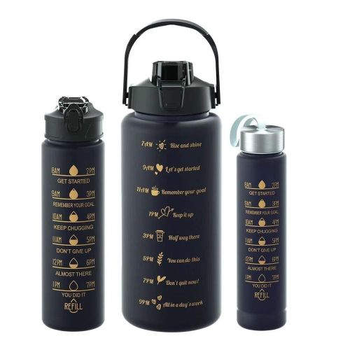 3 in 1 Water Bottles With Motivational Quotes & Times - Black