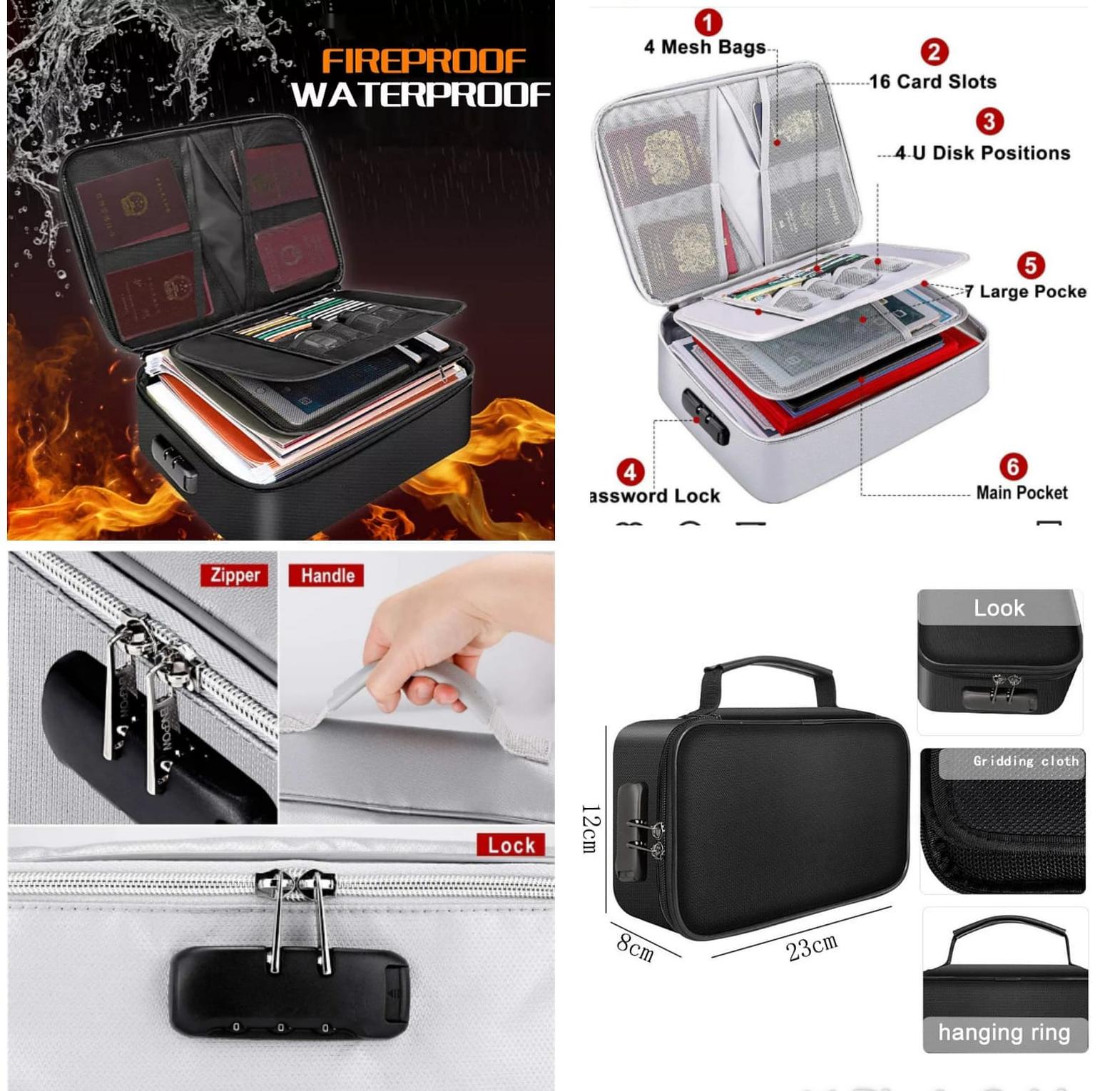File Fireproof Document Organizer Bag+Lock Home Office Safe Water Resistant - Black, Grey, Blue