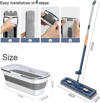 Self-Wringing Hand Wash-Free Flat Mop with Foldable Bucket