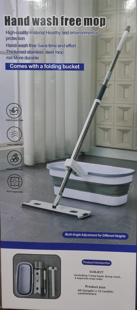 Self-Wringing Hand Wash-Free Flat Mop with Foldable Bucket
