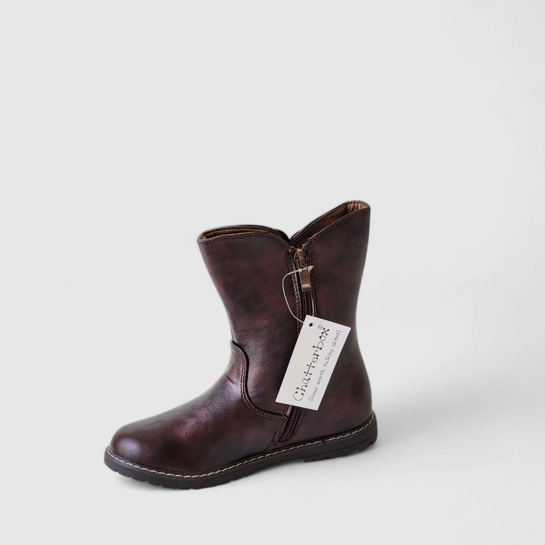 Girls Kids Mid-Calf Faux Leather Metallic Burgundy Boots