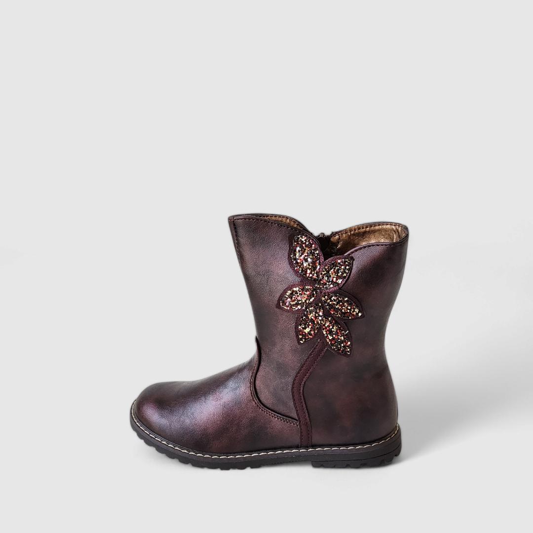Girls Kids Mid-Calf Faux Leather Metallic Burgundy Boots
