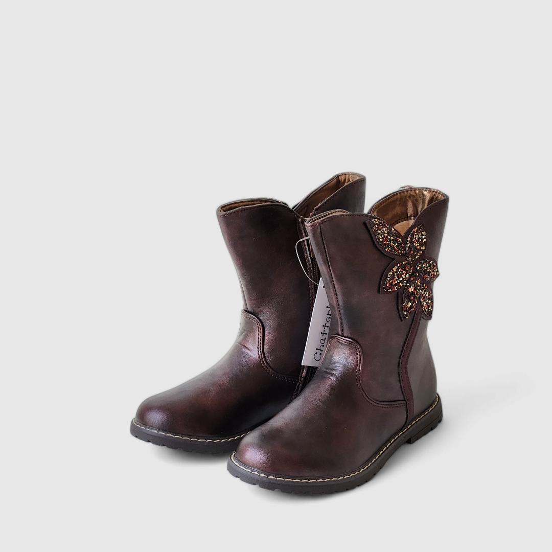Girls Kids Mid-Calf Faux Leather Metallic Burgundy Boots