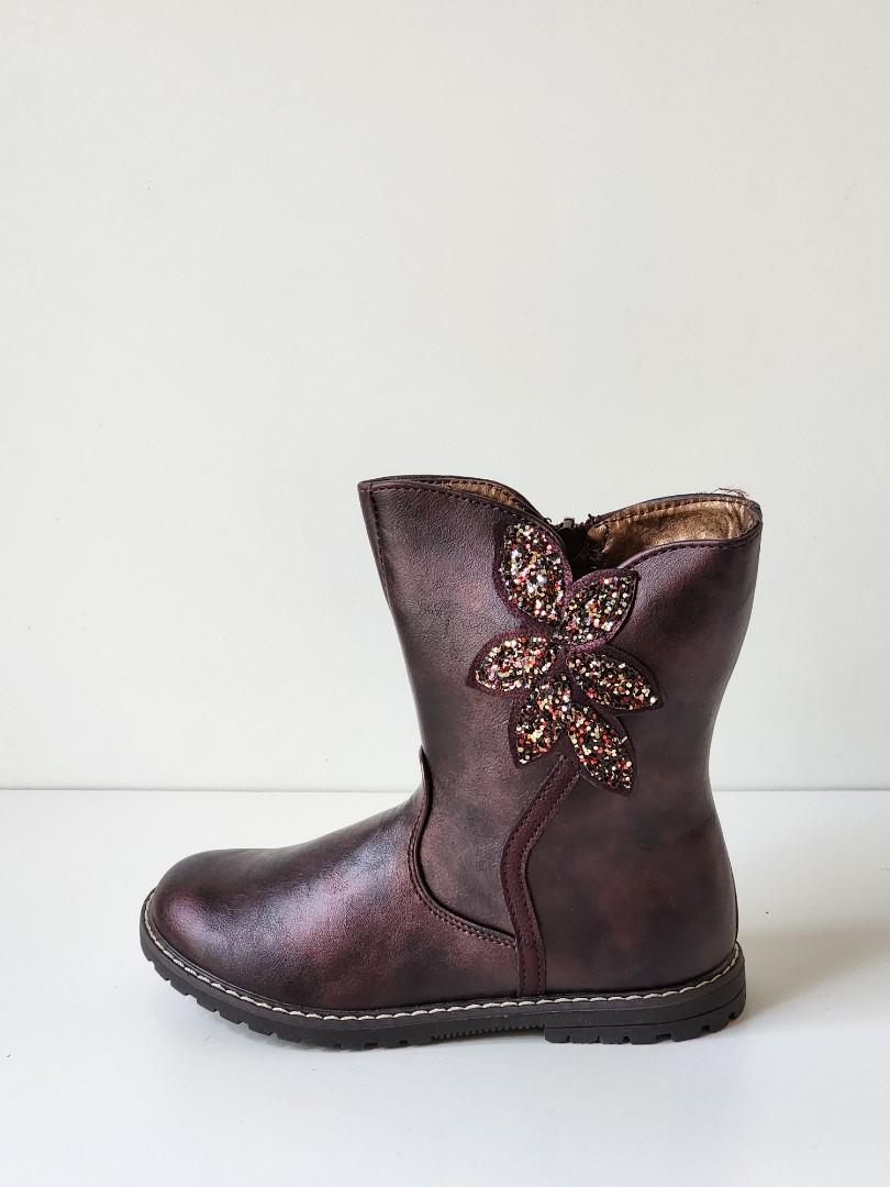 Girls Kids Mid-Calf Faux Leather Metallic Burgundy Boots