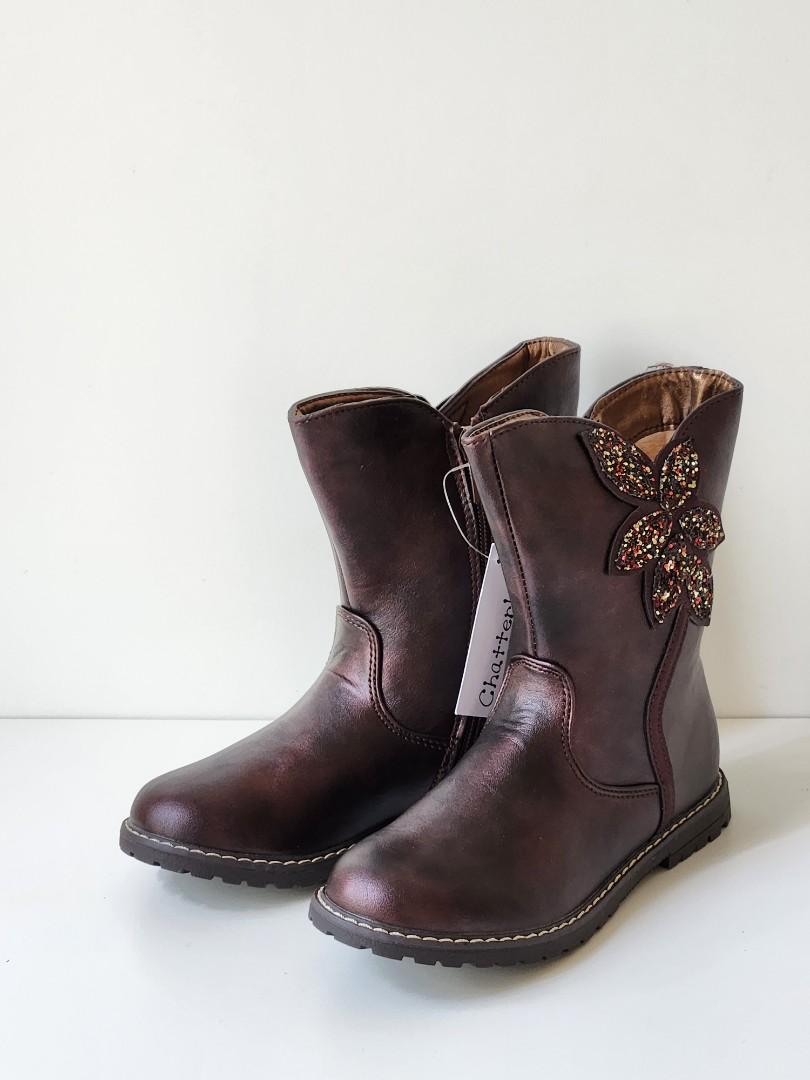 Girls Kids Mid-Calf Faux Leather Metallic Burgundy Boots