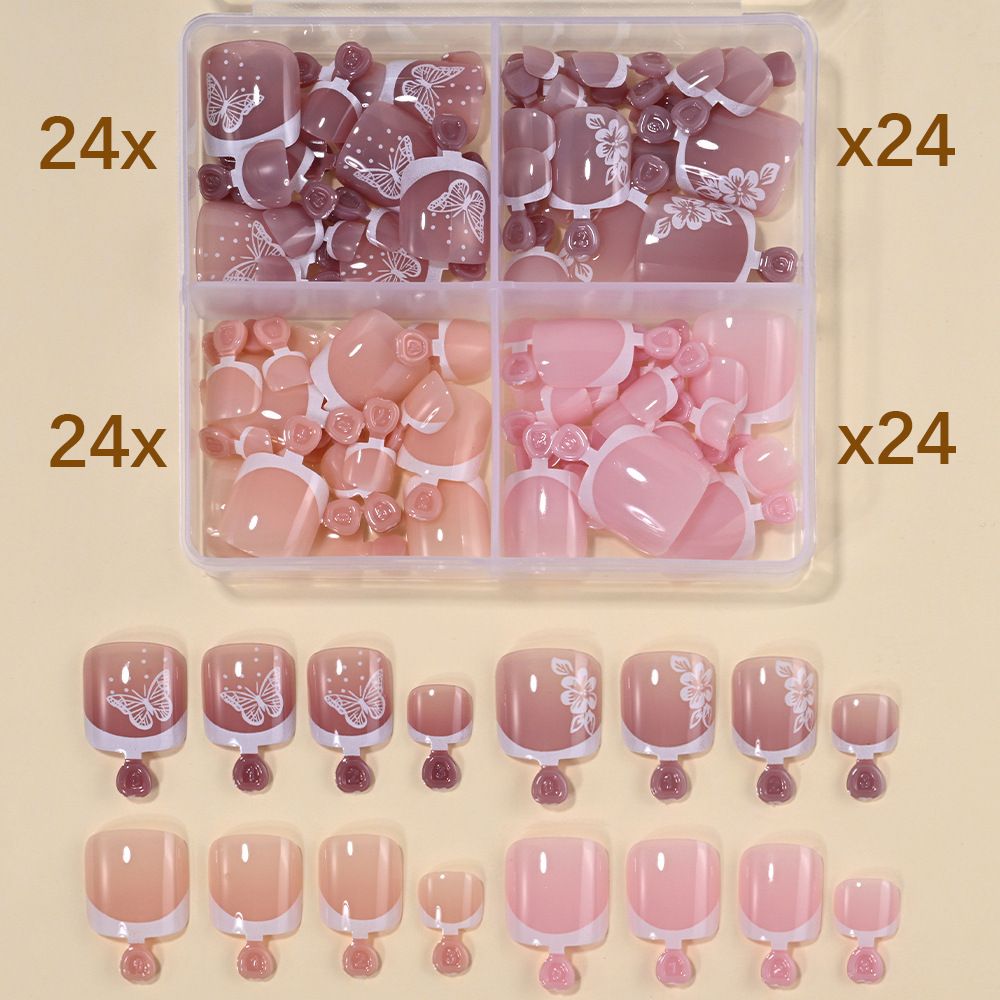 96 Pcs four-grid toe nail wearable nail tips cross-border, simple French style pure color full nail coverage pedicure nail tips press-on nails