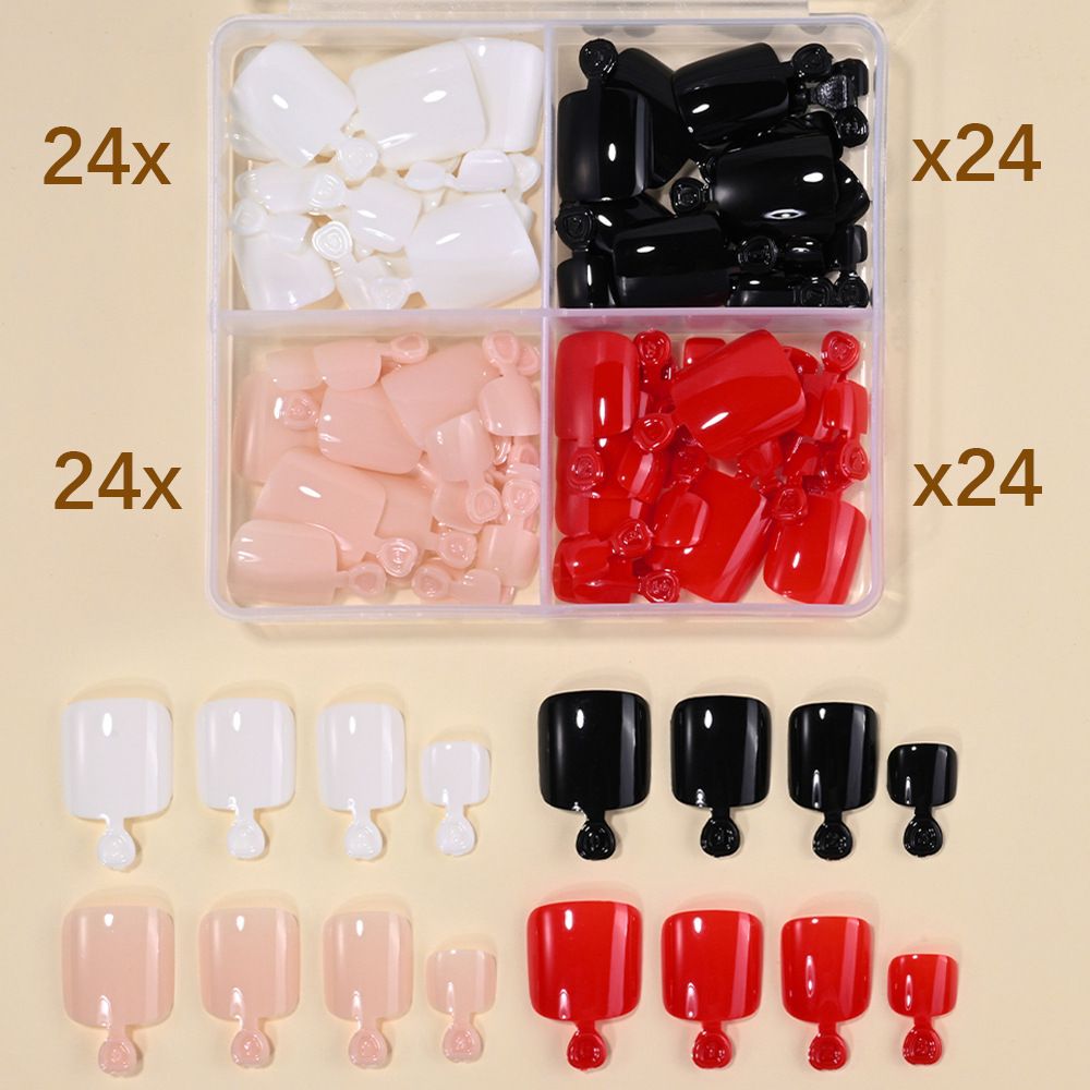 96 Pcs four-grid toe nail wearable nail tips cross-border, simple French style pure color full nail coverage pedicure nail tips press-on nails