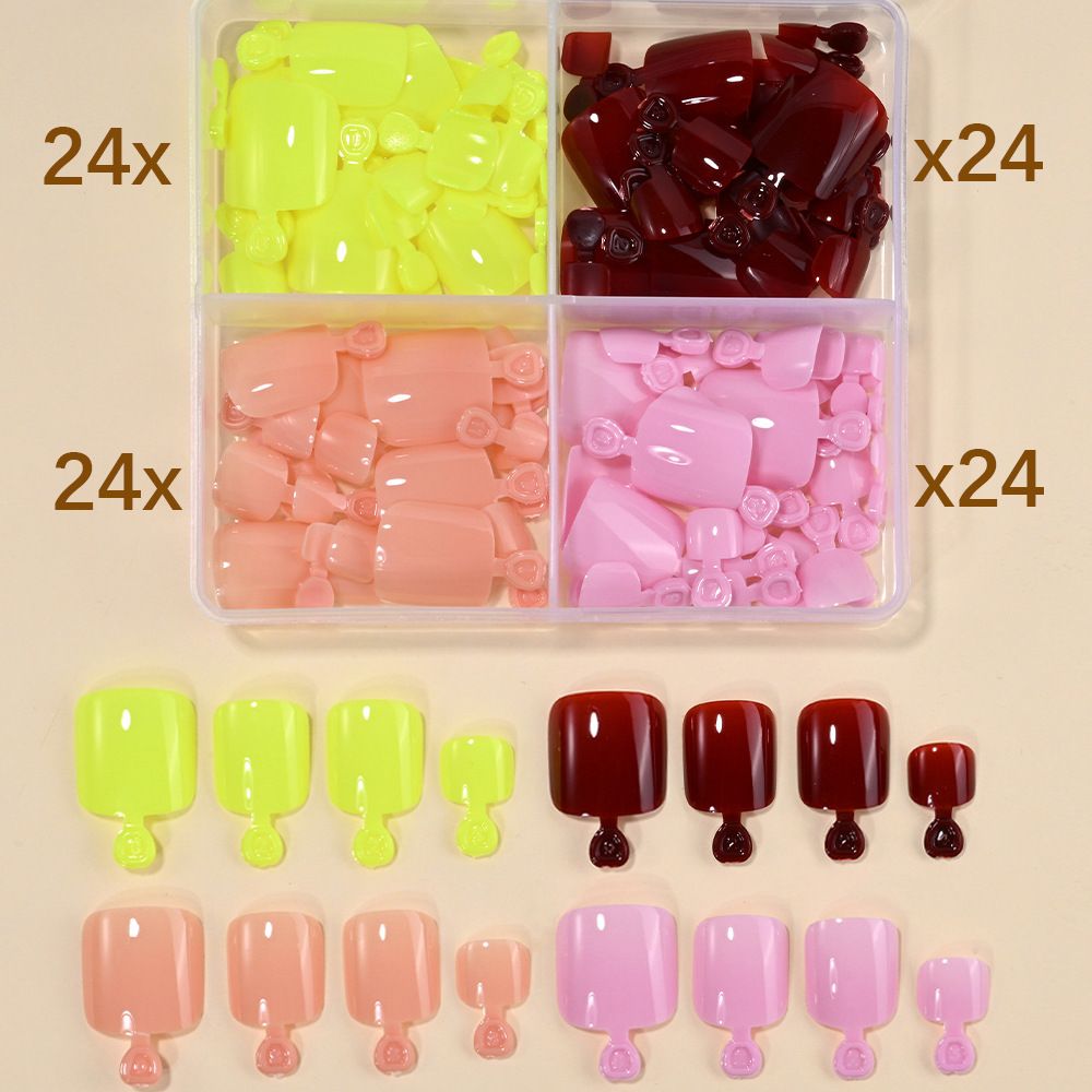 96 Pcs four-grid toe nail wearable nail tips cross-border, simple French style pure color full nail coverage pedicure nail tips press-on nails