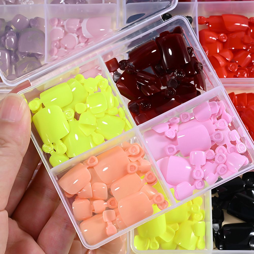 96 Pcs four-grid toe nail wearable nail tips cross-border, simple French style pure color full nail coverage pedicure nail tips press-on nails