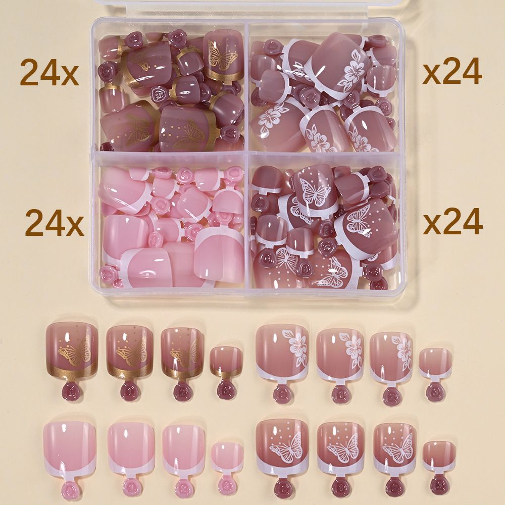 96 Pcs four-grid toe nail wearable nail tips cross-border, simple French style pure color full nail coverage pedicure nail tips press-on nails