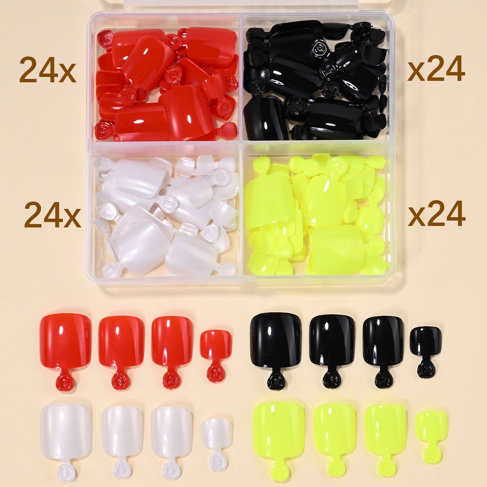 96 Pcs four-grid toe nail wearable nail tips cross-border, simple French style pure color full nail coverage pedicure nail tips press-on nails