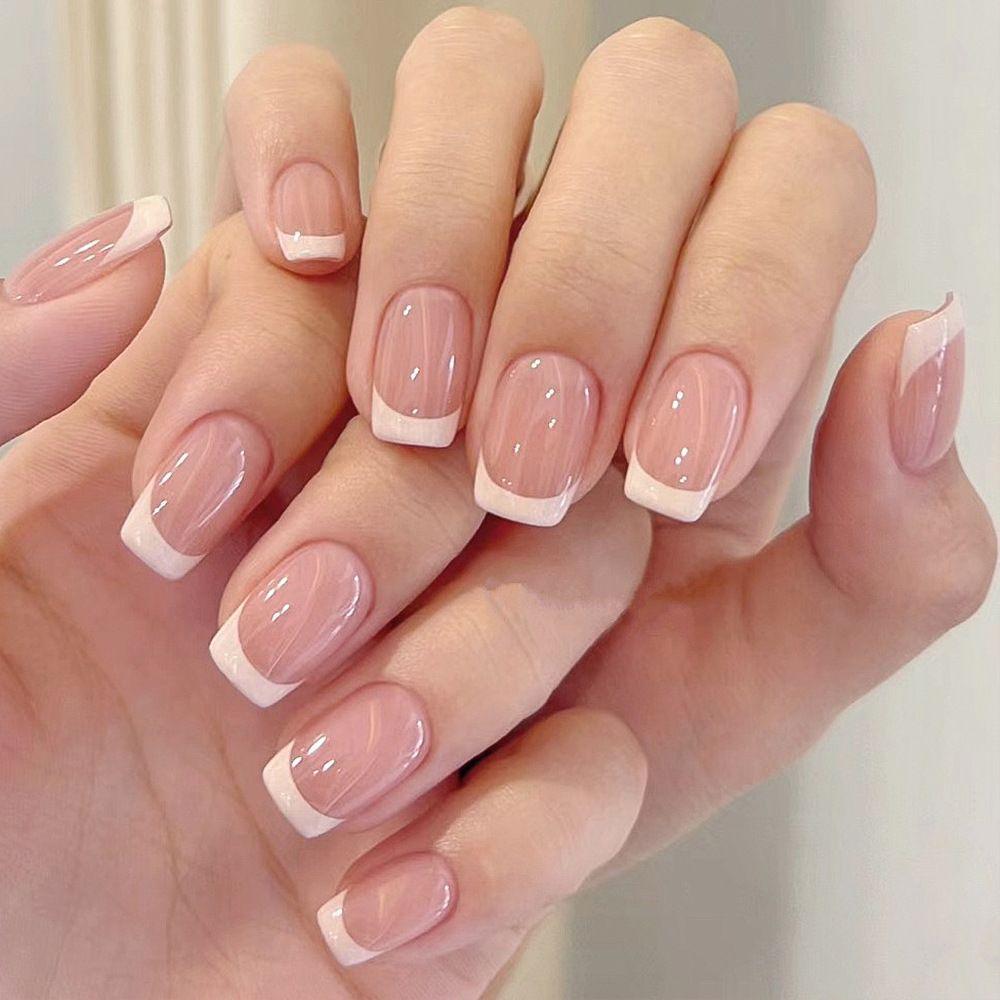 120 pieces of French white edged pink wearing party A's short high-end nail art nail pieces, detachable bag for fake nails