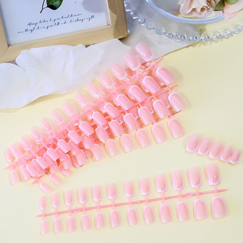 120 pieces of French white edged pink wearing party A's short high-end nail art nail pieces, detachable bag for fake nails