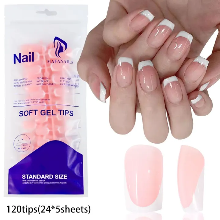 120 pieces of French white edged pink wearing party A's short high-end nail art nail pieces, detachable bag for fake nails