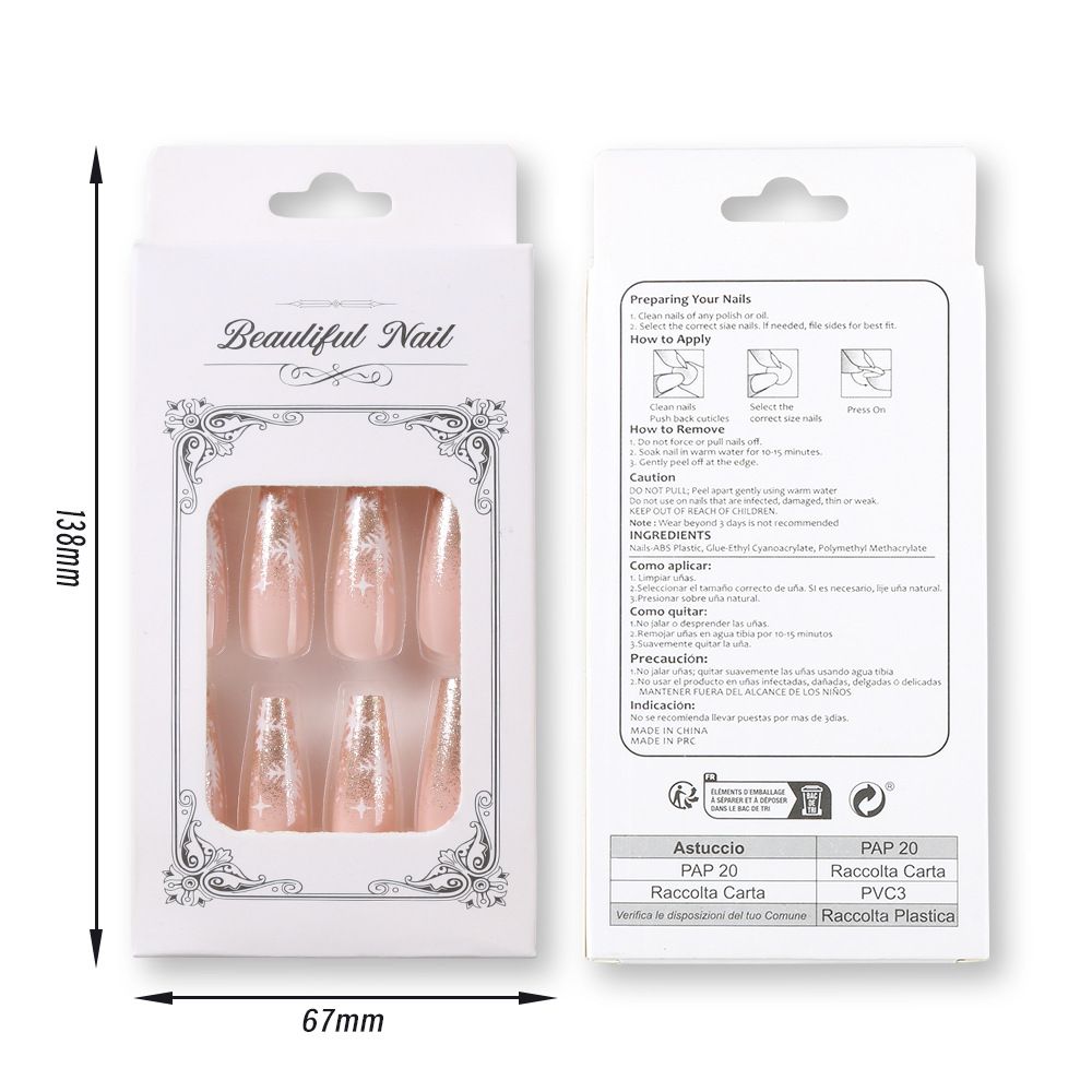 24 piece set of Christmas glitter snowflake nail art pieces, nude color, medium to long, wearable, sweet and cool, spicy girl, detachable fake nails