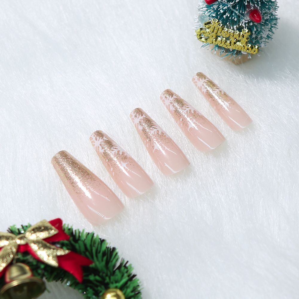 24 piece set of Christmas glitter snowflake nail art pieces, nude color, medium to long, wearable, sweet and cool, spicy girl, detachable fake nails
