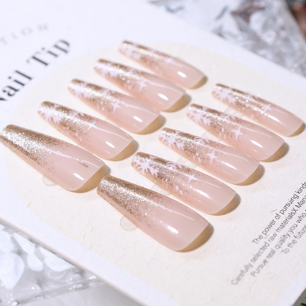 24 piece set of Christmas glitter snowflake nail art pieces, nude color, medium to long, wearable, sweet and cool, spicy girl, detachable fake nails