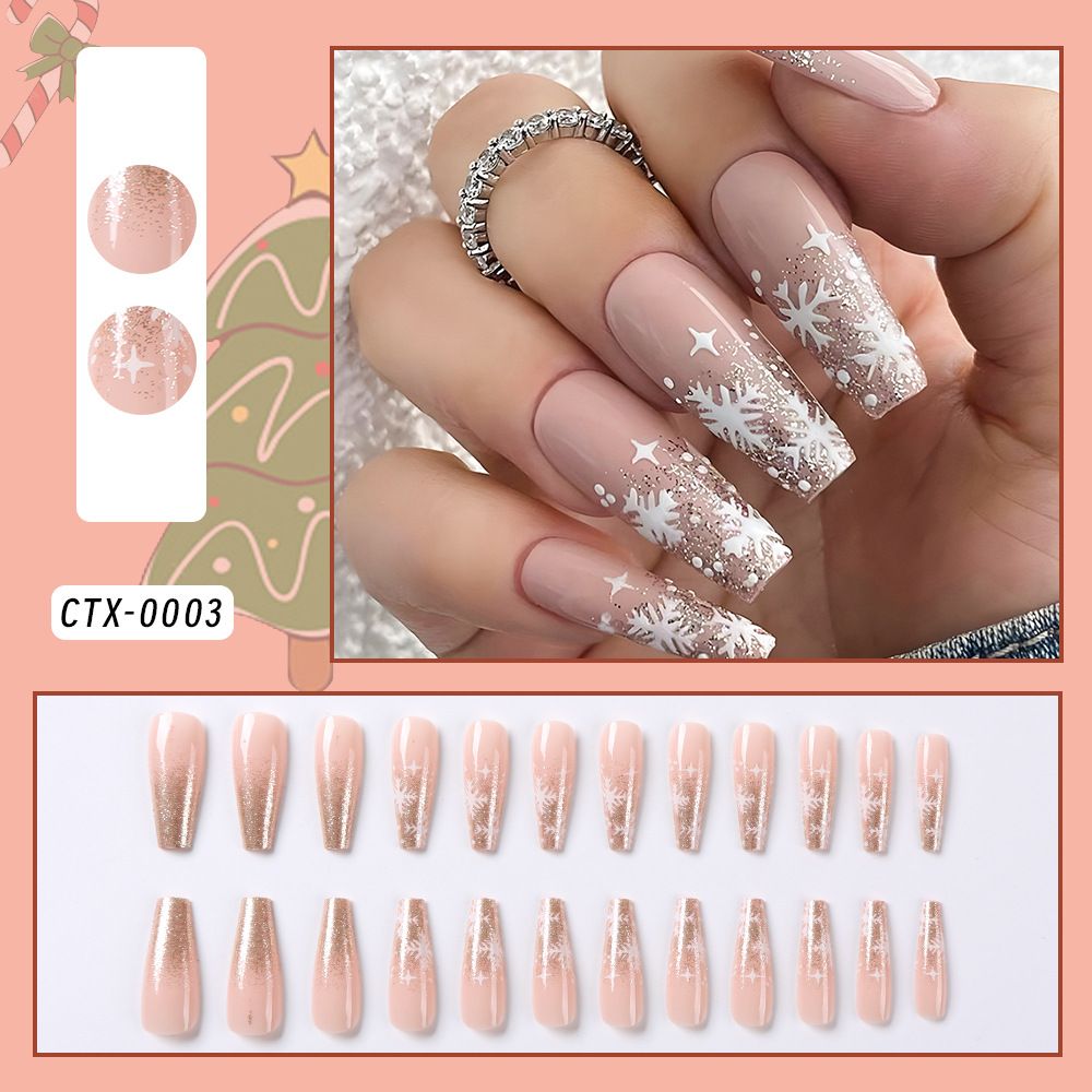 24 piece set of Christmas glitter snowflake nail art pieces, nude color, medium to long, wearable, sweet and cool, spicy girl, detachable fake nails
