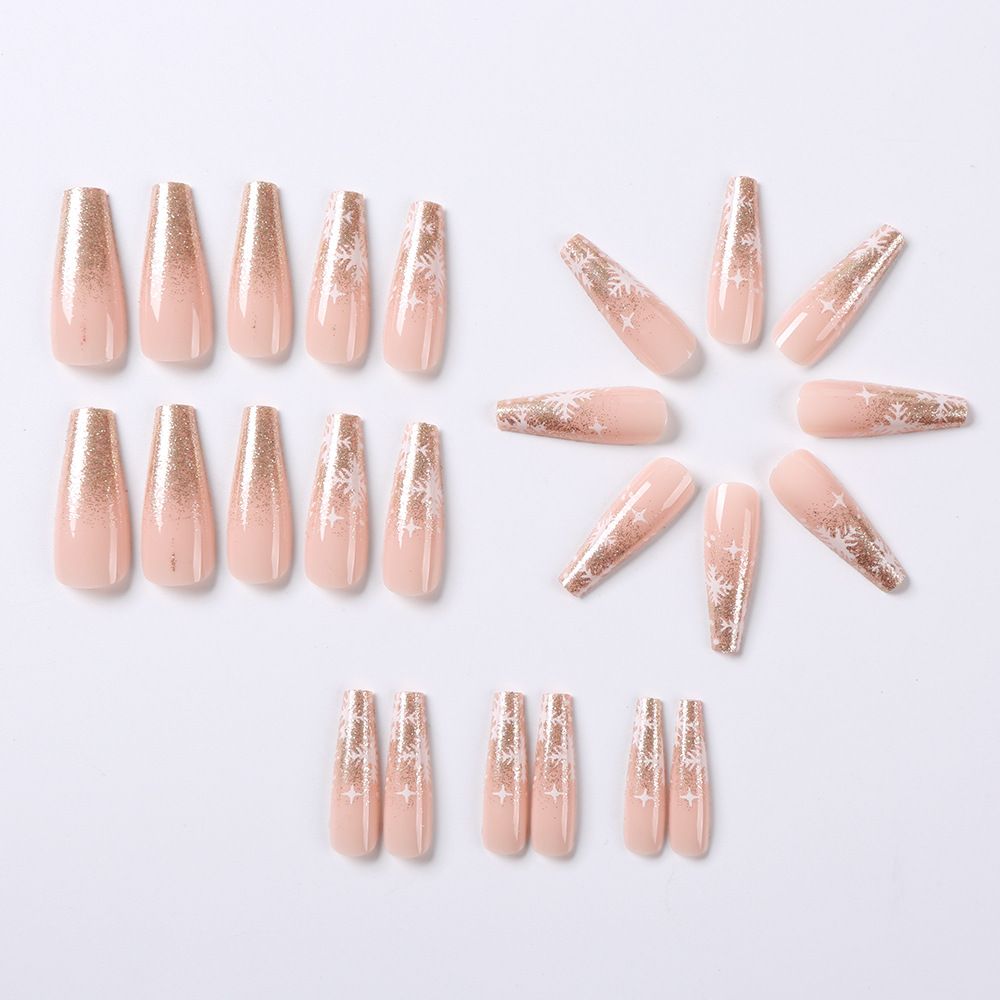 24 piece set of Christmas glitter snowflake nail art pieces, nude color, medium to long, wearable, sweet and cool, spicy girl, detachable fake nails