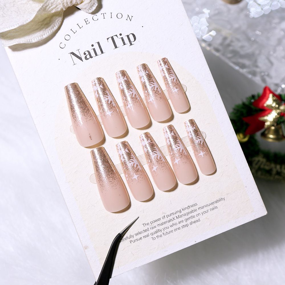 24 piece set of Christmas glitter snowflake nail art pieces, nude color, medium to long, wearable, sweet and cool, spicy girl, detachable fake nails