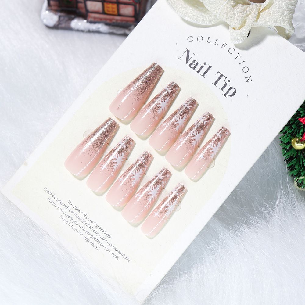 24 piece set of Christmas glitter snowflake nail art pieces, nude color, medium to long, wearable, sweet and cool, spicy girl, detachable fake nails