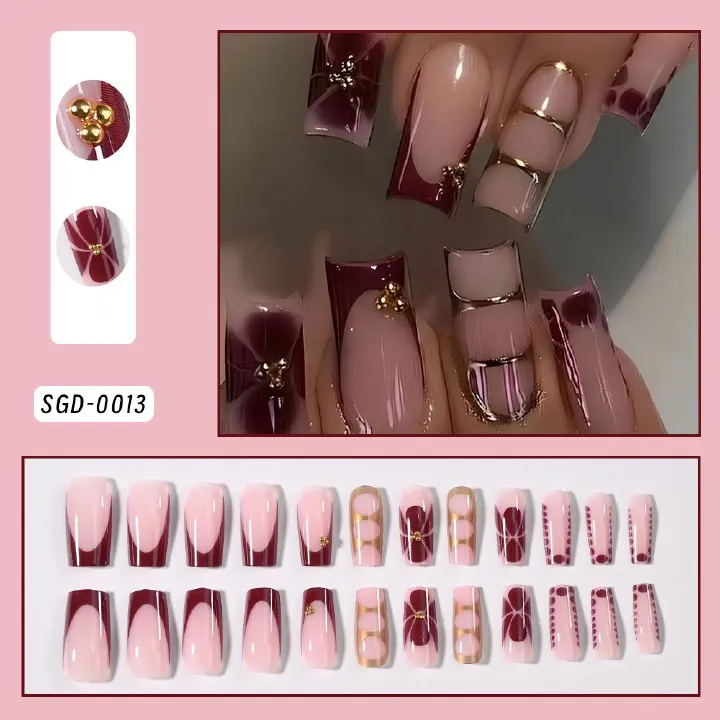 24 Pcs Popular French style wearable nail with European and American printed gold round beads embellished with 24 pieces