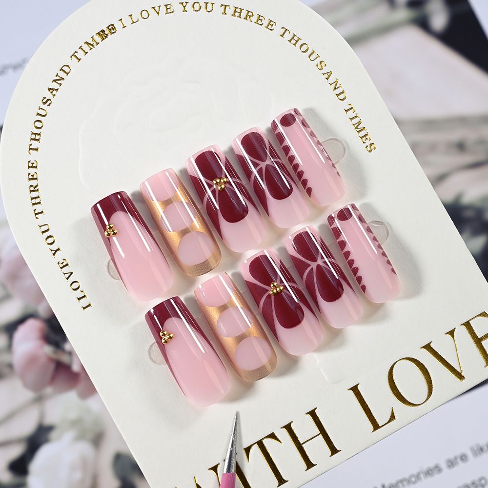 24 Pcs Popular French style wearable nail with European and American printed gold round beads embellished with 24 pieces