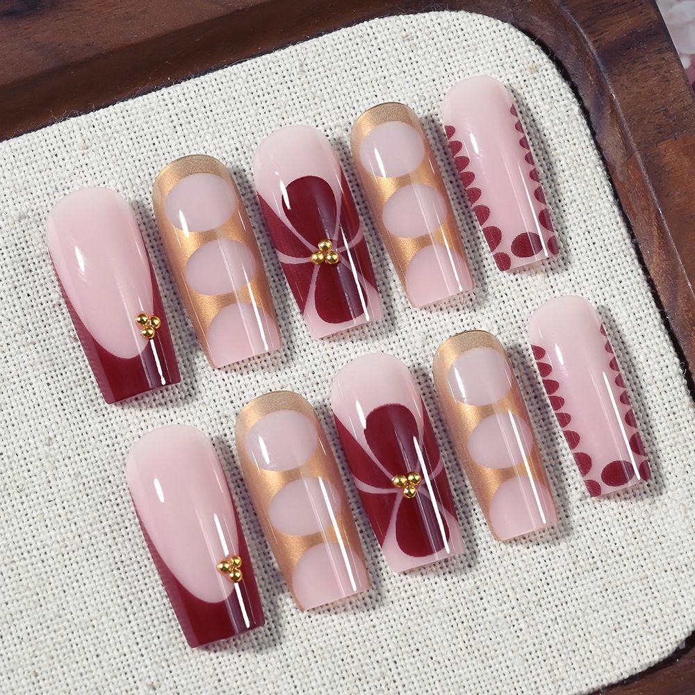 24 Pcs Popular French style wearable nail with European and American printed gold round beads embellished with 24 pieces