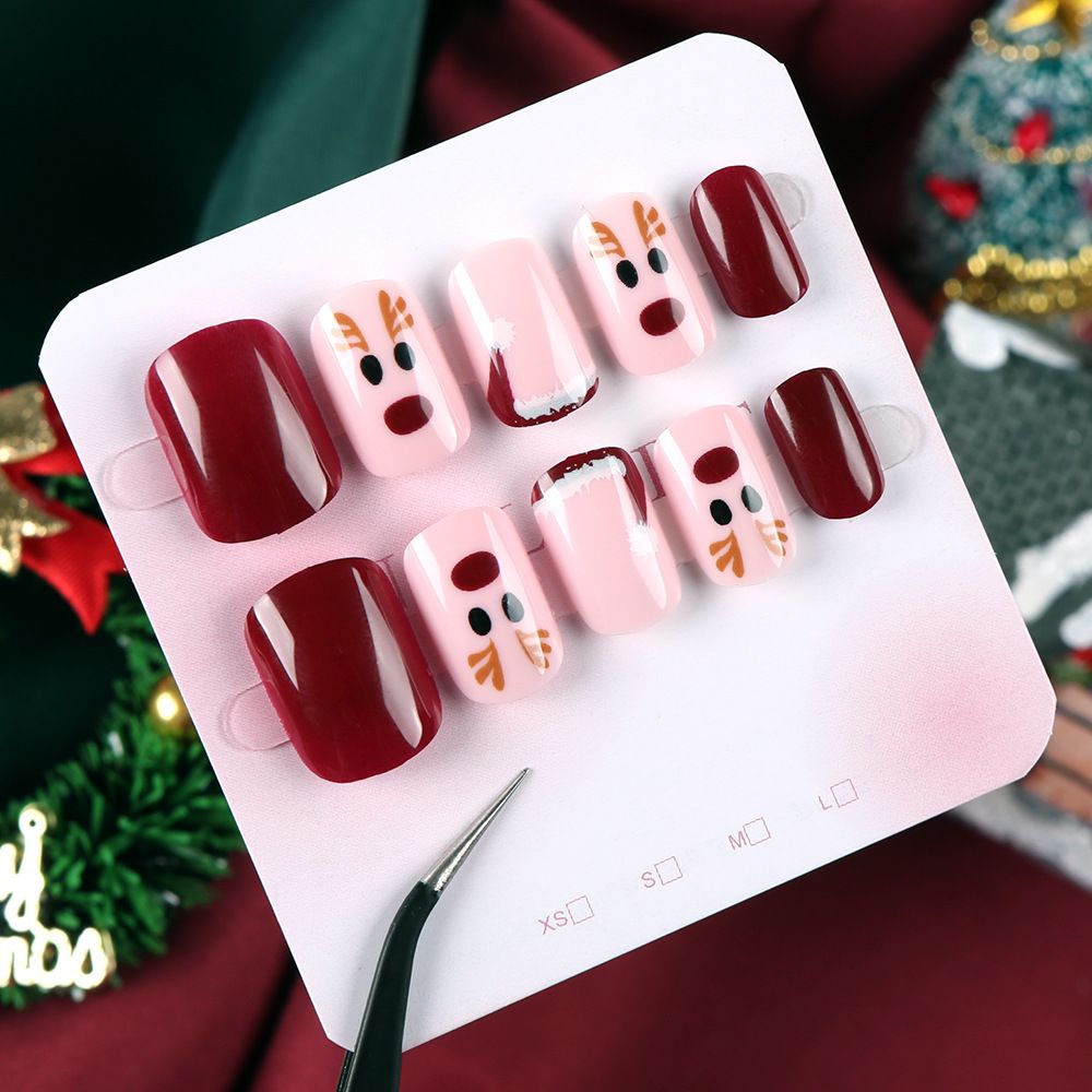 24 pieces of new Christmas reindeer red wearing nail plate, square short detachable Christmas hat, cute nail patch