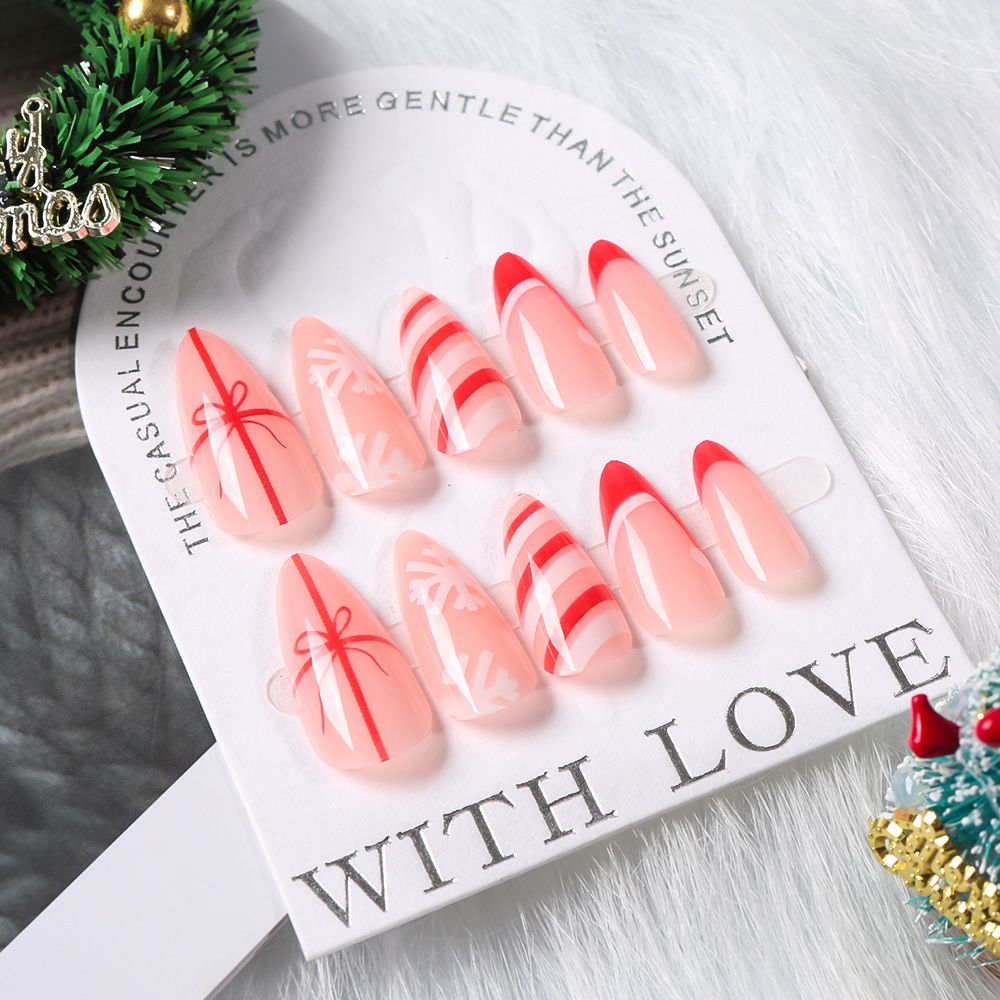 24 Pcs Christmas 24-piece red French bow tie striped short almond nail Christmas hat detachable nail art piece view 7