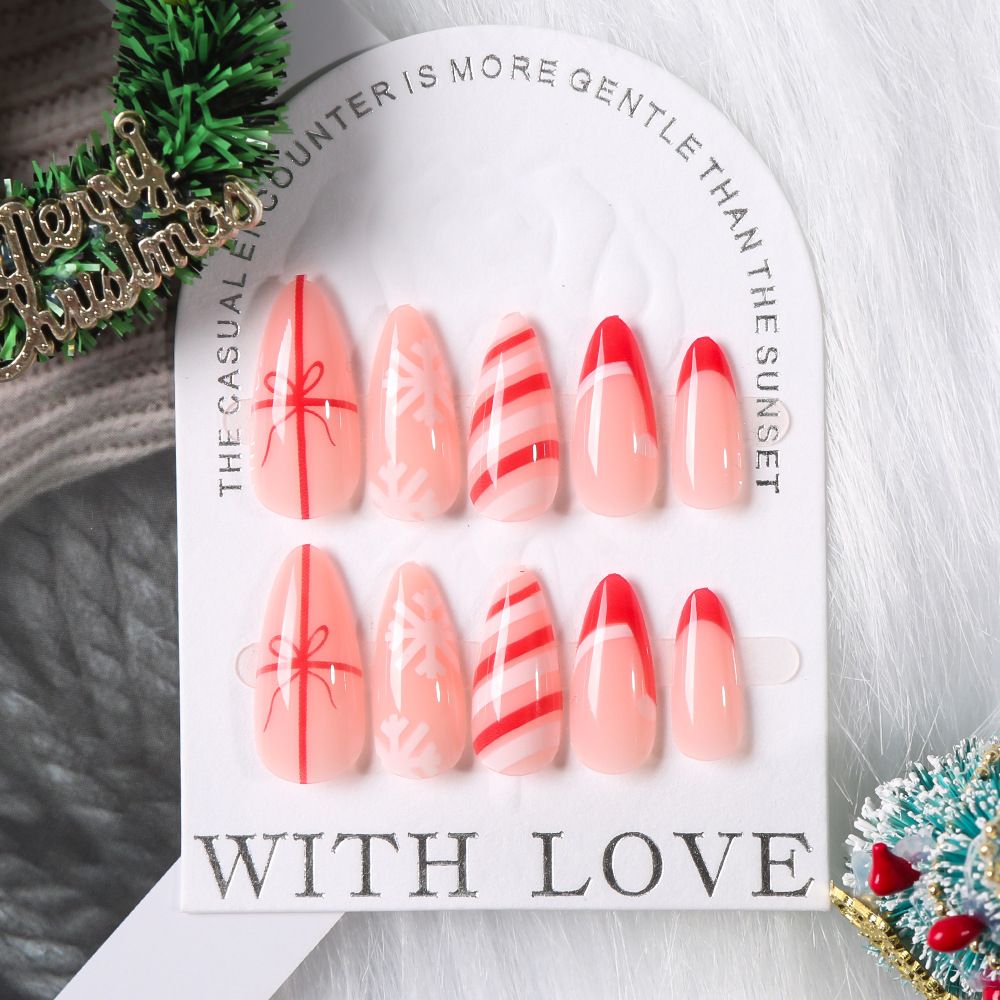 24 Pcs Christmas 24-piece red French bow tie striped short almond nail Christmas hat detachable nail art piece view 2