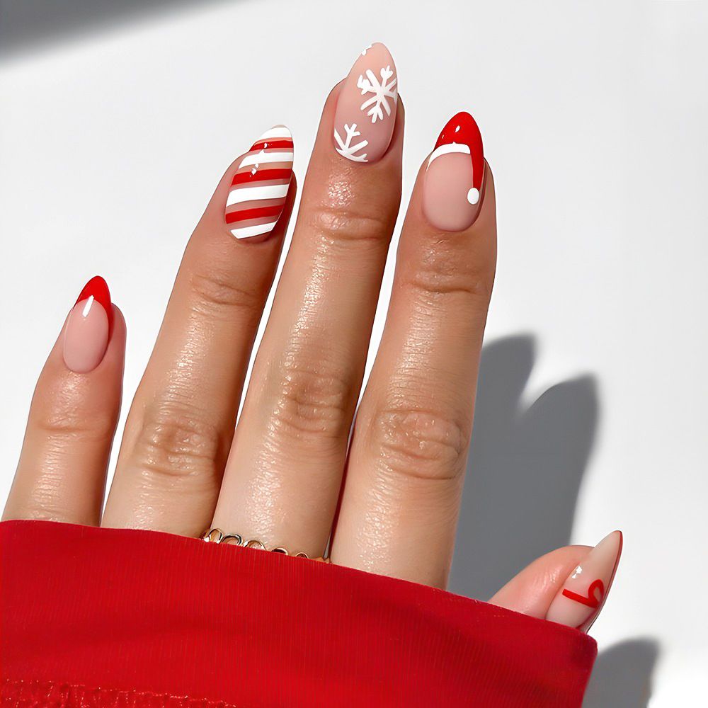 24 Pcs Christmas 24-piece red French bow tie striped short almond nail Christmas hat detachable nail art piece view 3