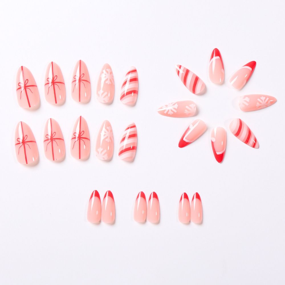 24 Pcs Christmas 24-piece red French bow tie striped short almond nail Christmas hat detachable nail art piece view 5