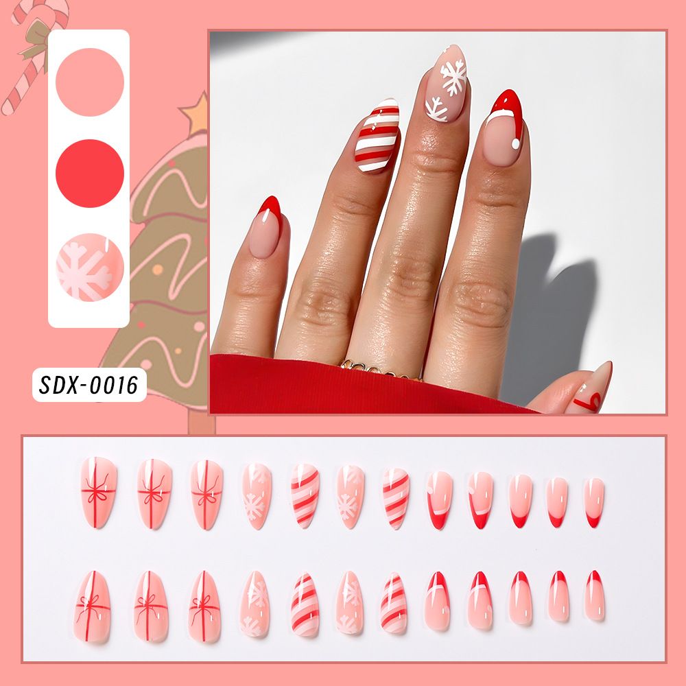 24 Pcs Christmas 24-piece red French bow tie striped short almond nail Christmas hat detachable nail art piece