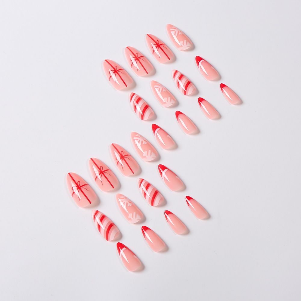 24 Pcs Christmas 24-piece red French bow tie striped short almond nail Christmas hat detachable nail art piece view 4