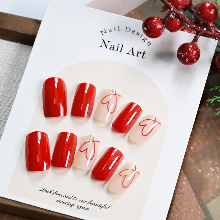 24 pieces of high-quality, red heart-shaped, minimalist, elegant, skin-toning nail art, removable nail art stickers