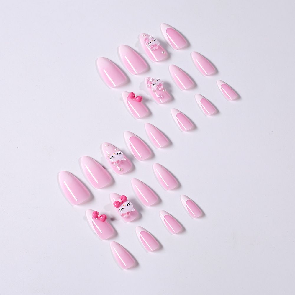 24-piece gradient pink French nail art Kitty cat waterdrop nail tips, bowknot, heart, nail tips, wearable nails