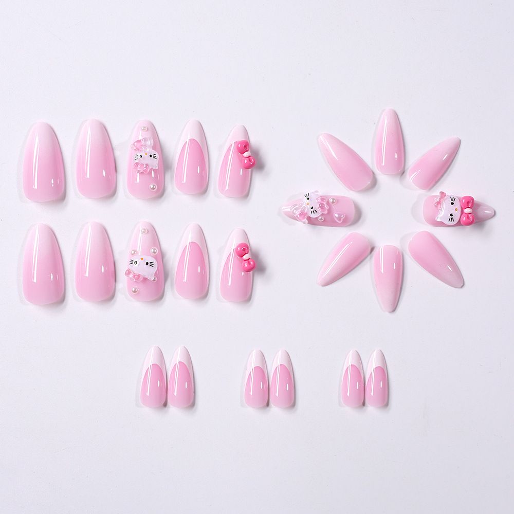 24-piece gradient pink French nail art Kitty cat waterdrop nail tips, bowknot, heart, nail tips, wearable nails