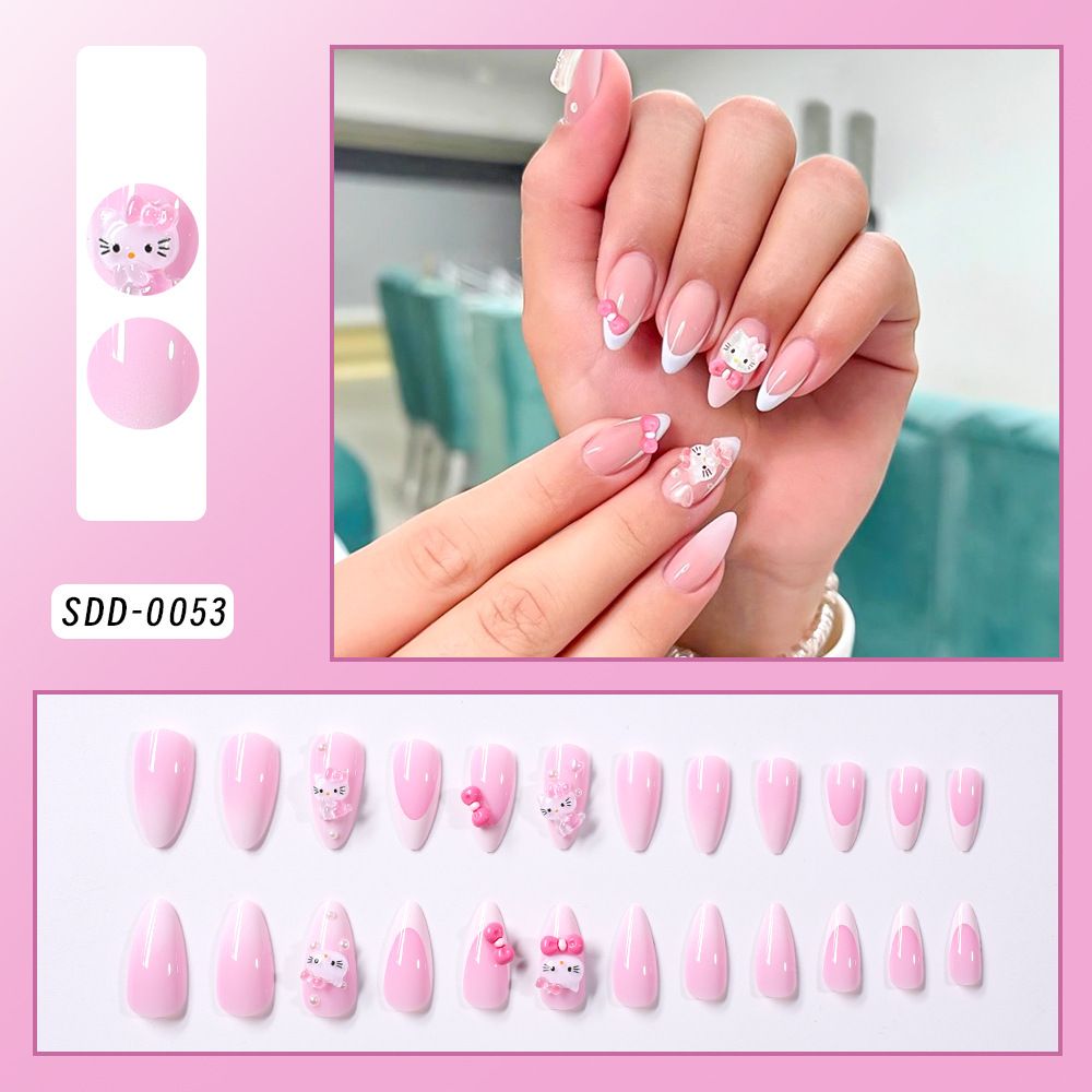 24-piece gradient pink French nail art Kitty cat waterdrop nail tips, bowknot, heart, nail tips, wearable nails