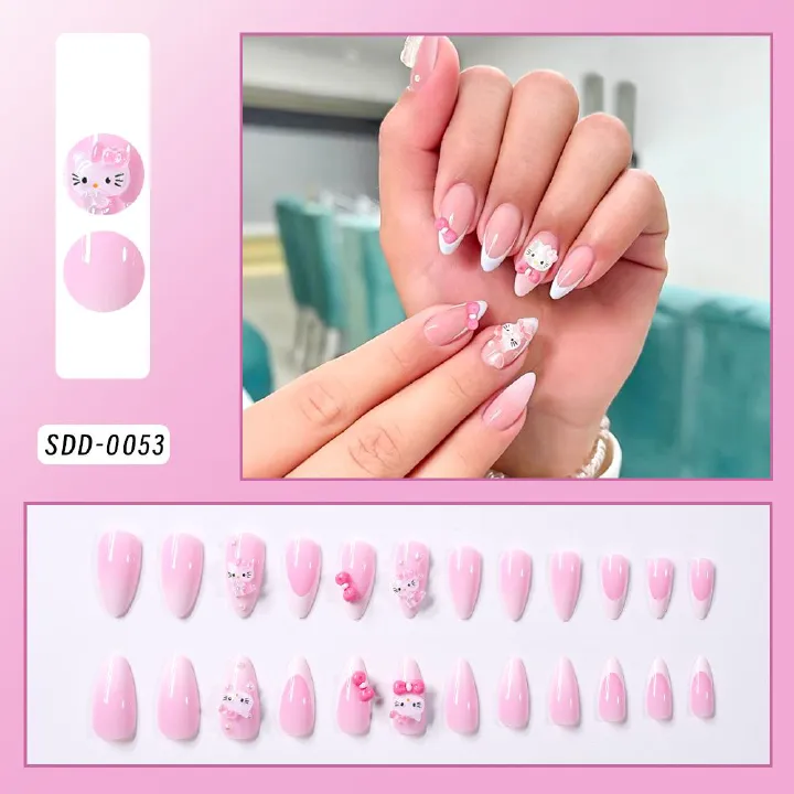 24-piece gradient pink French nail art Kitty cat waterdrop nail tips, bowknot, heart, nail tips, wearable nails