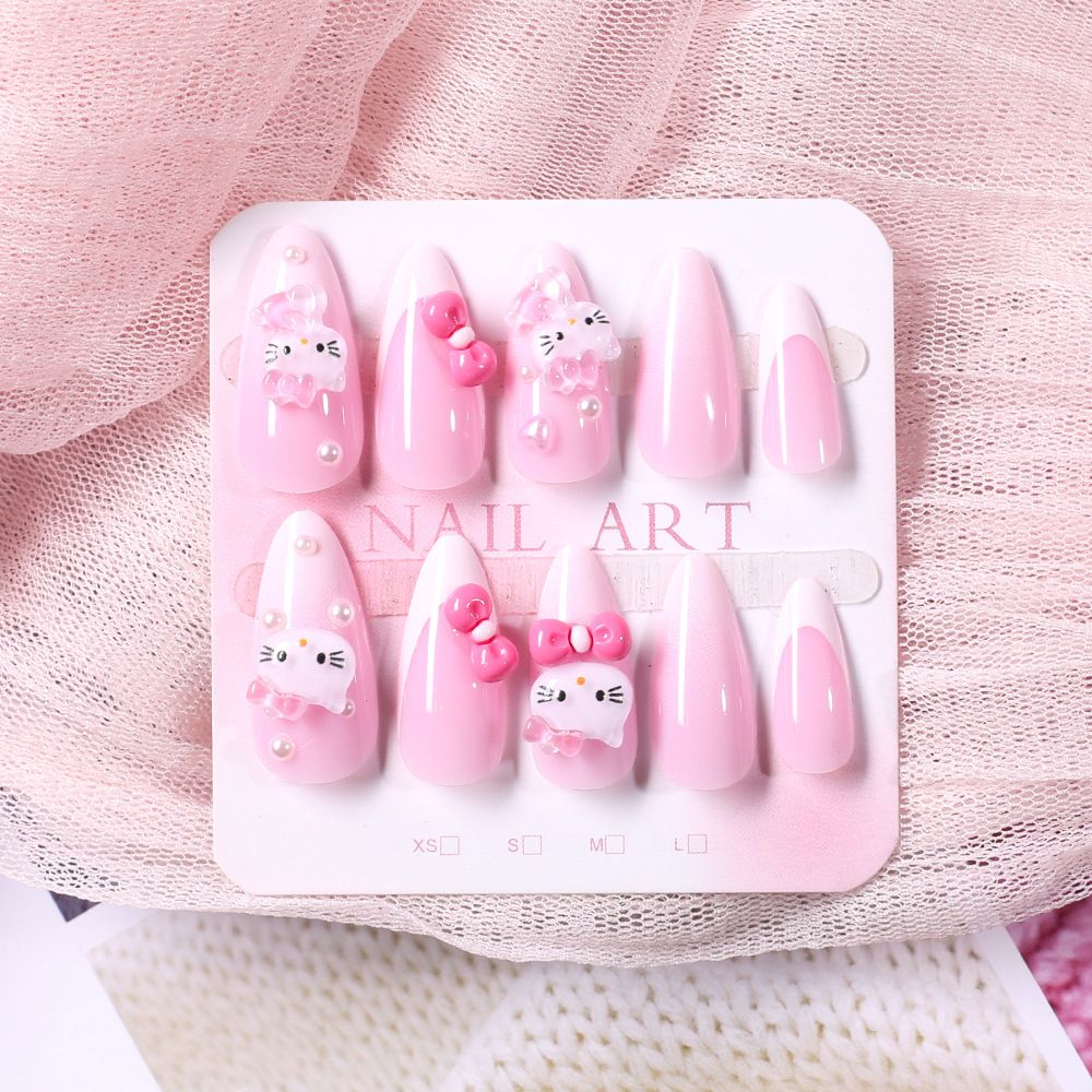 24-piece gradient pink French nail art Kitty cat waterdrop nail tips, bowknot, heart, nail tips, wearable nails