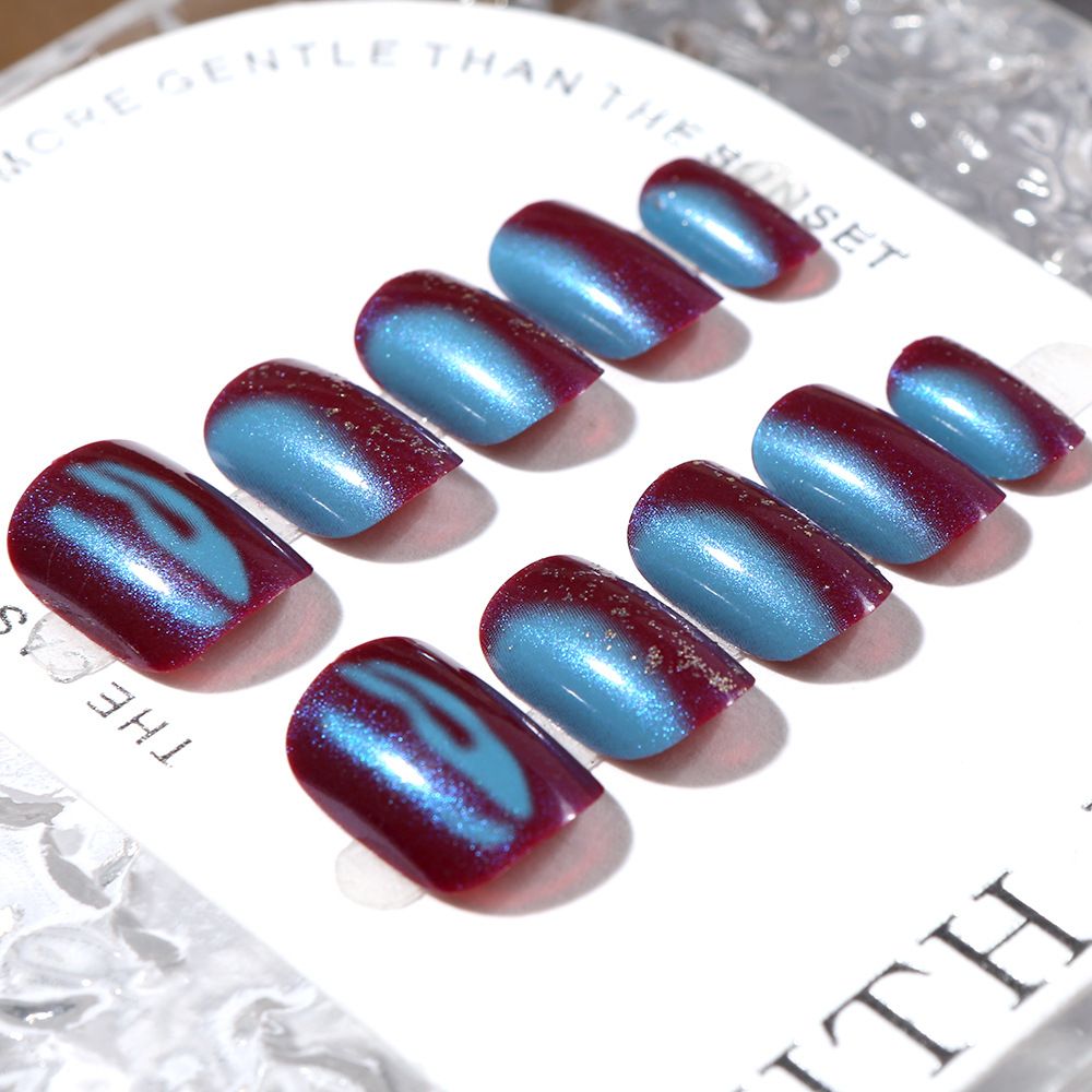 24 pieces of popular nail art, wearable nails, Aurora color-blocking nail art, sweet and cool style false nails, 24-piece boxed nail art pieces