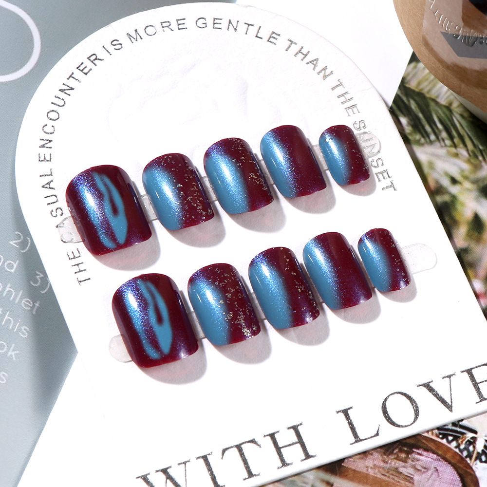 24 pieces of popular nail art, wearable nails, Aurora color-blocking nail art, sweet and cool style false nails, 24-piece boxed nail art pieces