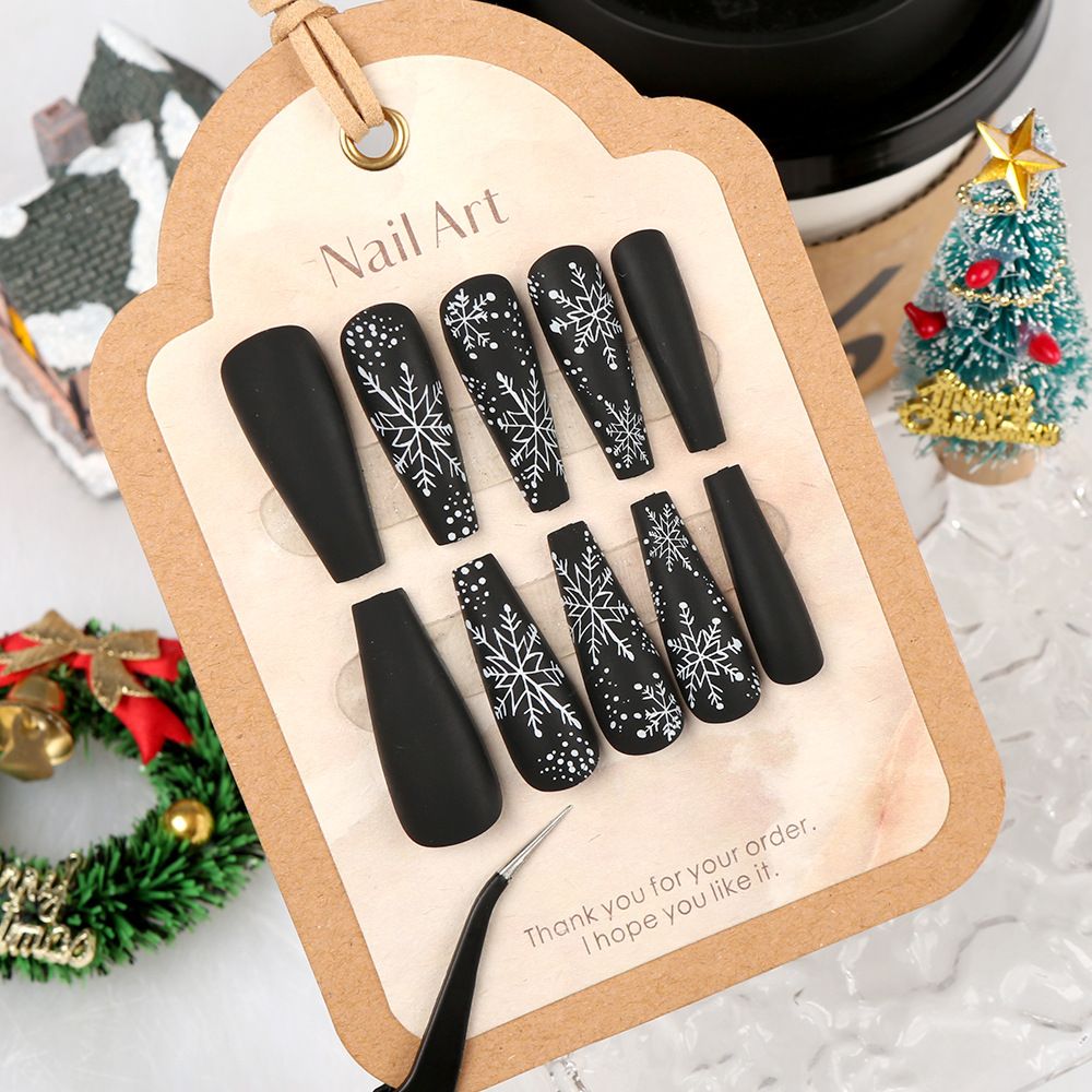 24Pcs Removable Christmas Press-On Nails | Long Stiletto Shape Black-Red Base with Large Snowflakes | Winter & Autumn Wearable False Nails