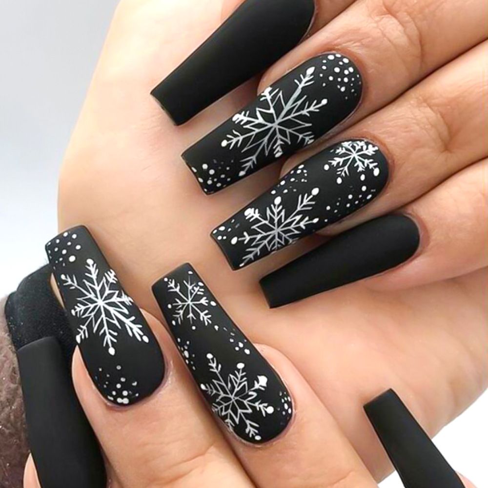 24Pcs Removable Christmas Press-On Nails | Long Stiletto Shape Black-Red Base with Large Snowflakes | Winter & Autumn Wearable False Nails