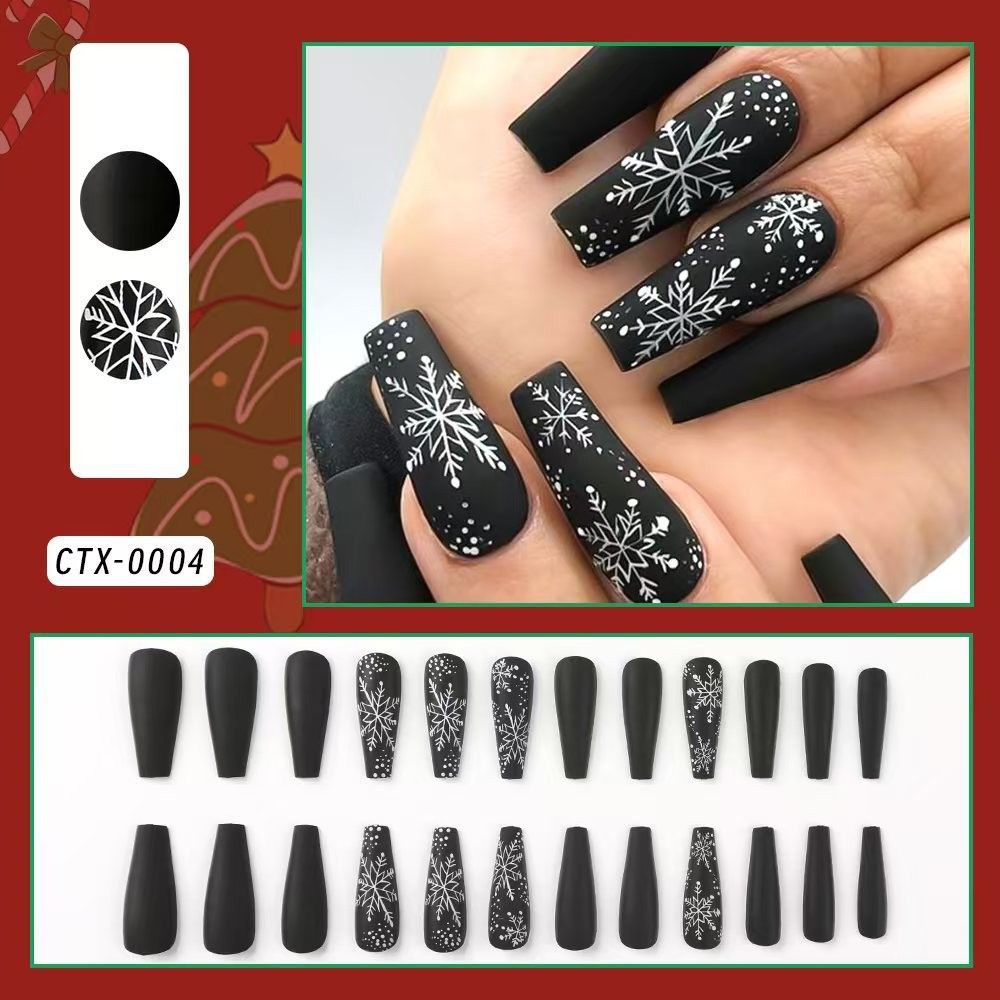 24Pcs Removable Christmas Press-On Nails | Long Stiletto Shape Black-Red Base with Large Snowflakes | Winter & Autumn Wearable False Nails