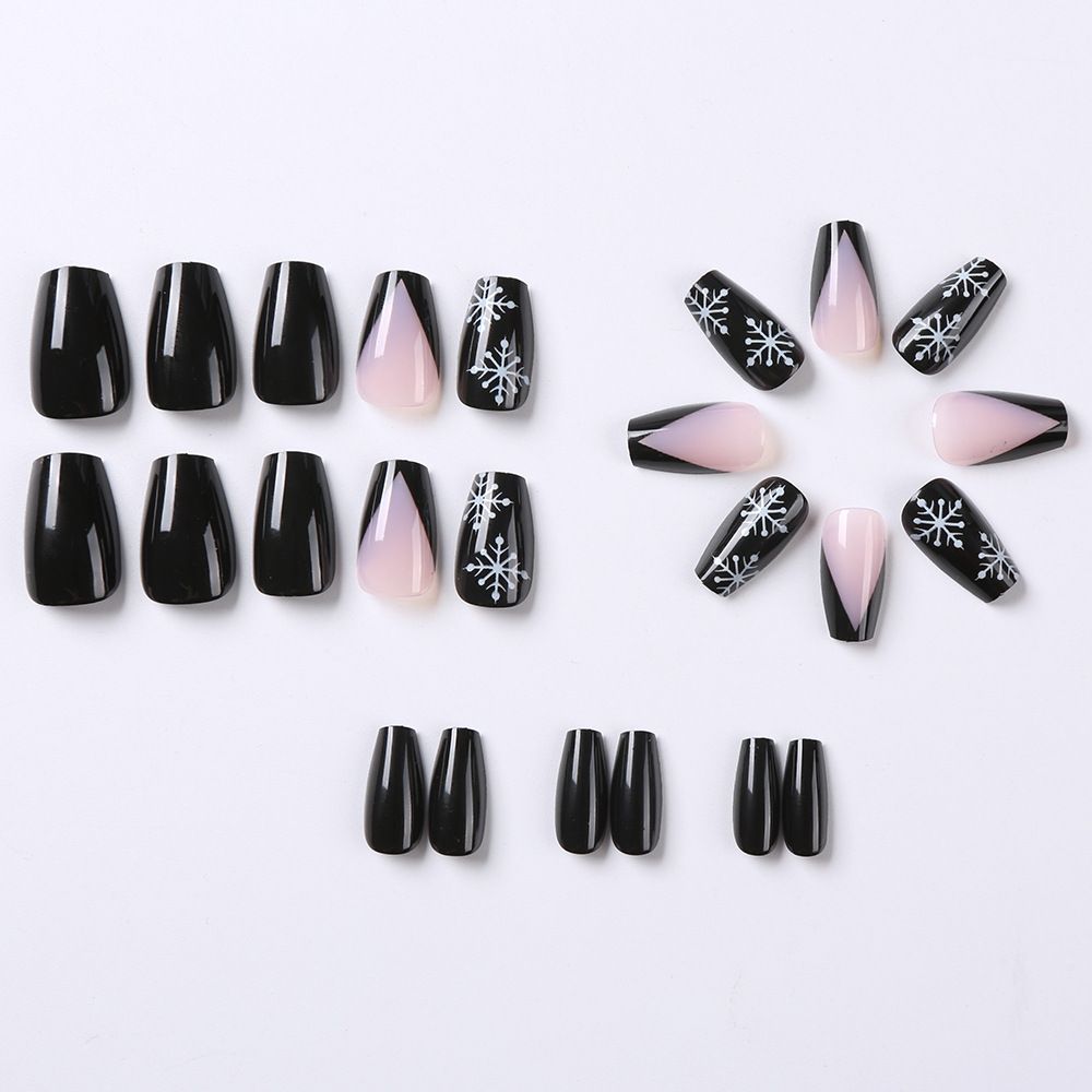 24Pcs Best-Selling European & American Christmas Press-On Nails Short Stiletto Black White Snowflakes French Nude Pink Removable False Nails